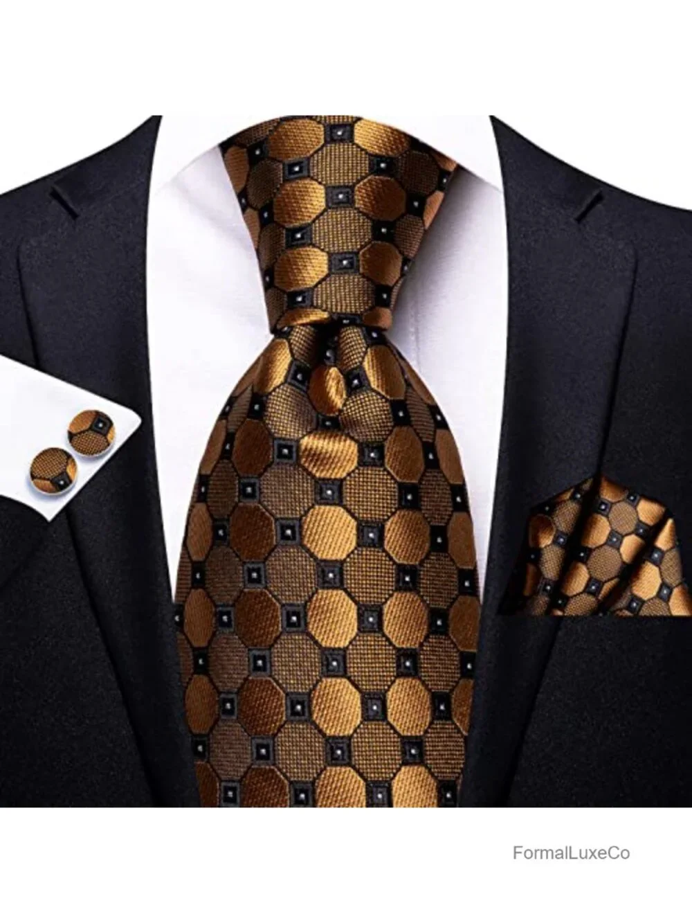 Men's Tie Set with Pocket Square & Cufflinks, Silk Blend, Business Wedding